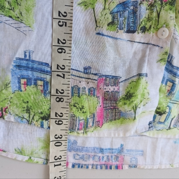 Chico's 100% Linen Novelty City Print Sz 3 Long Sleeve Button Down Front Blouse - Picture 11 of 15